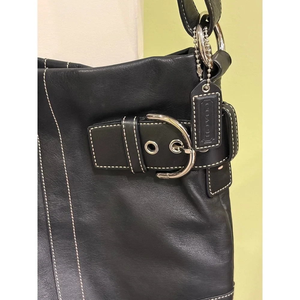Coach Soho Black Leather Buckle Hobo Shoulder Bag White Stitching EUC